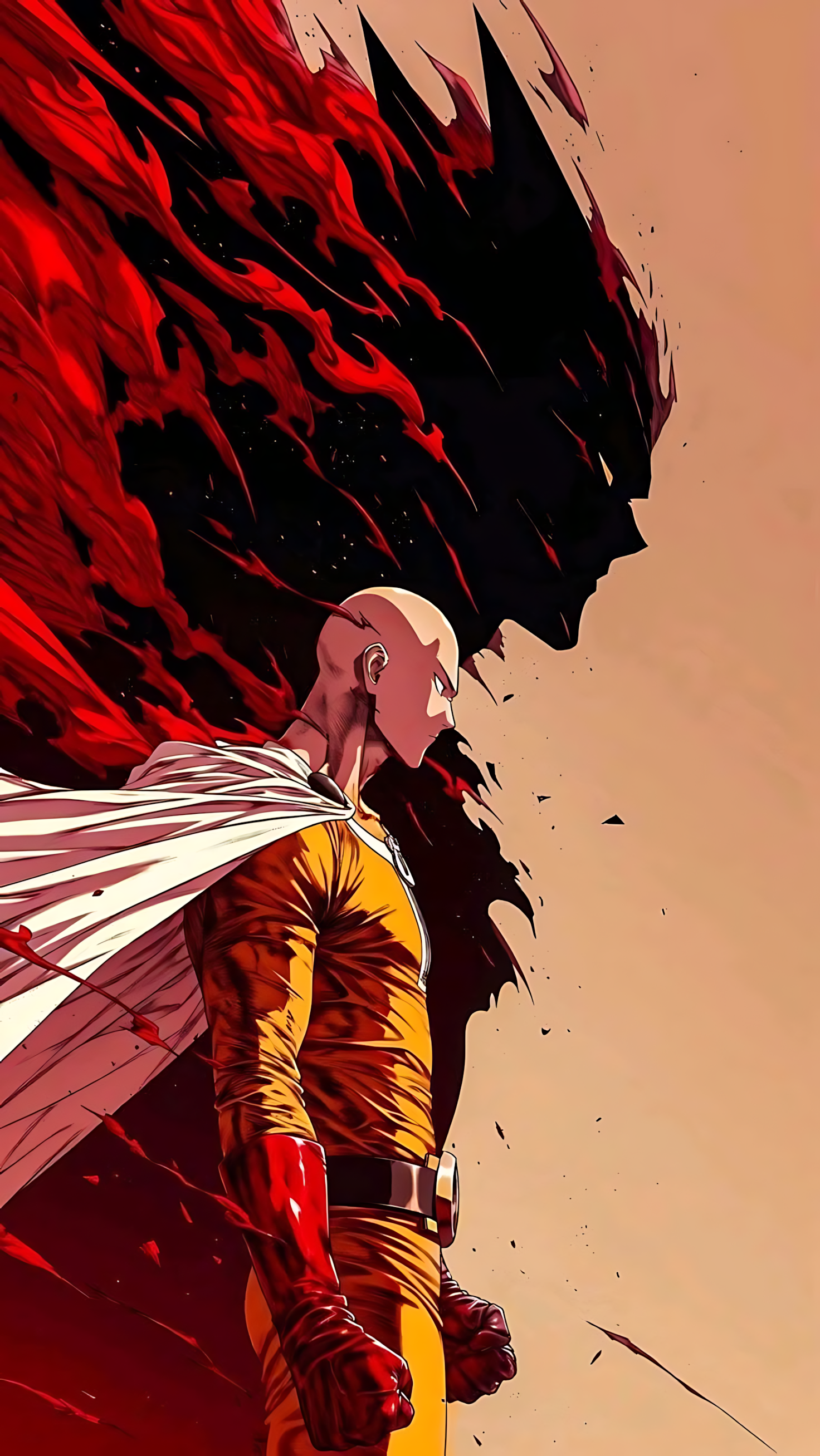 Anime hero poster with bald character in yellow suit and red crimson shadow aura