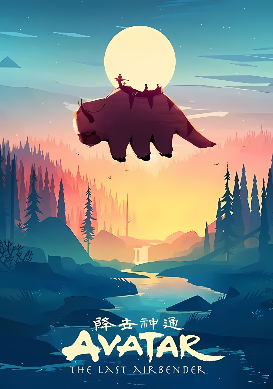 Avatar poster with Appa flying above a sunset landscape and moon