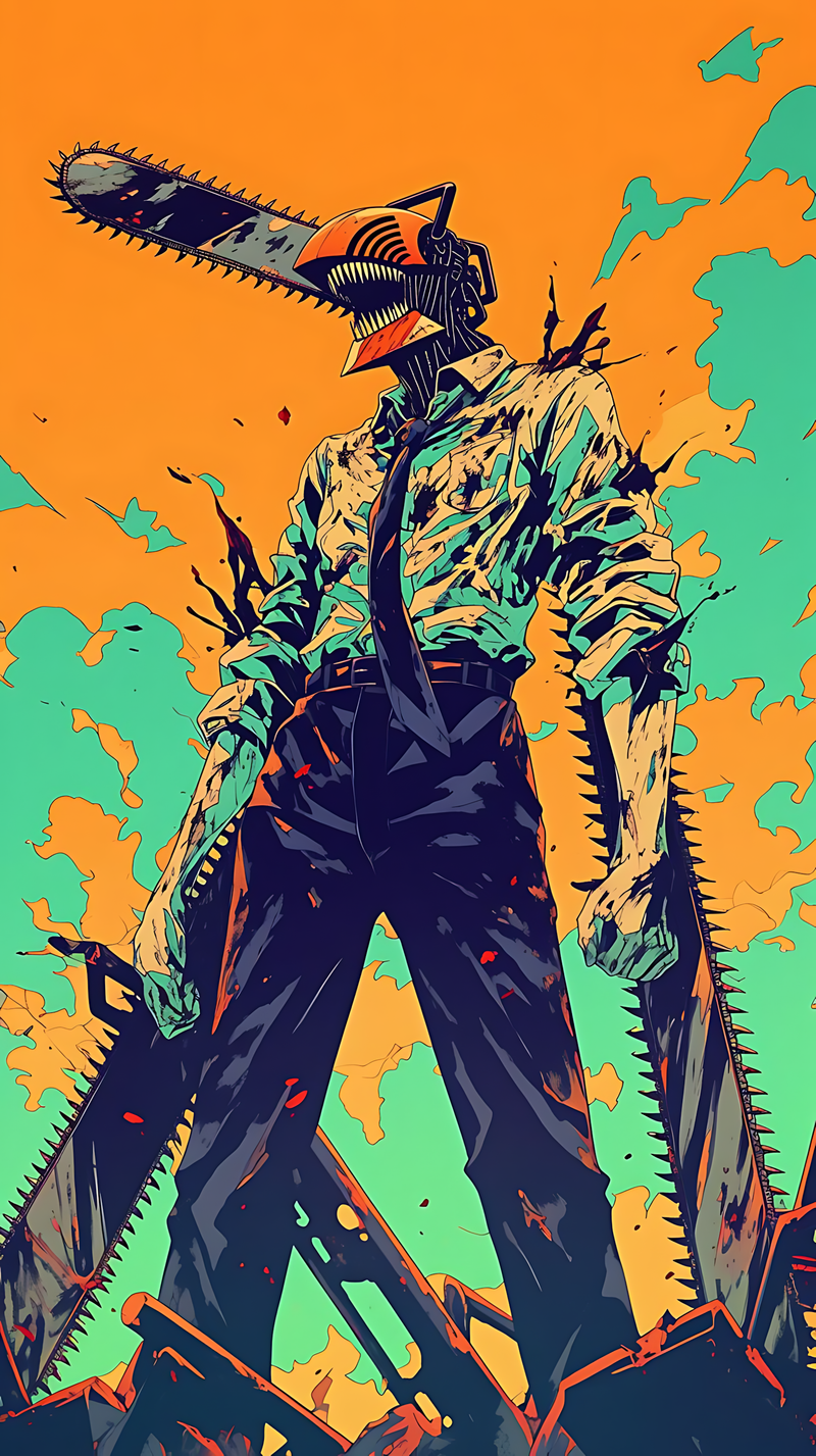 Chainsaw Man action poster featuring a masked chainsaw-wielding character in dynamic pose