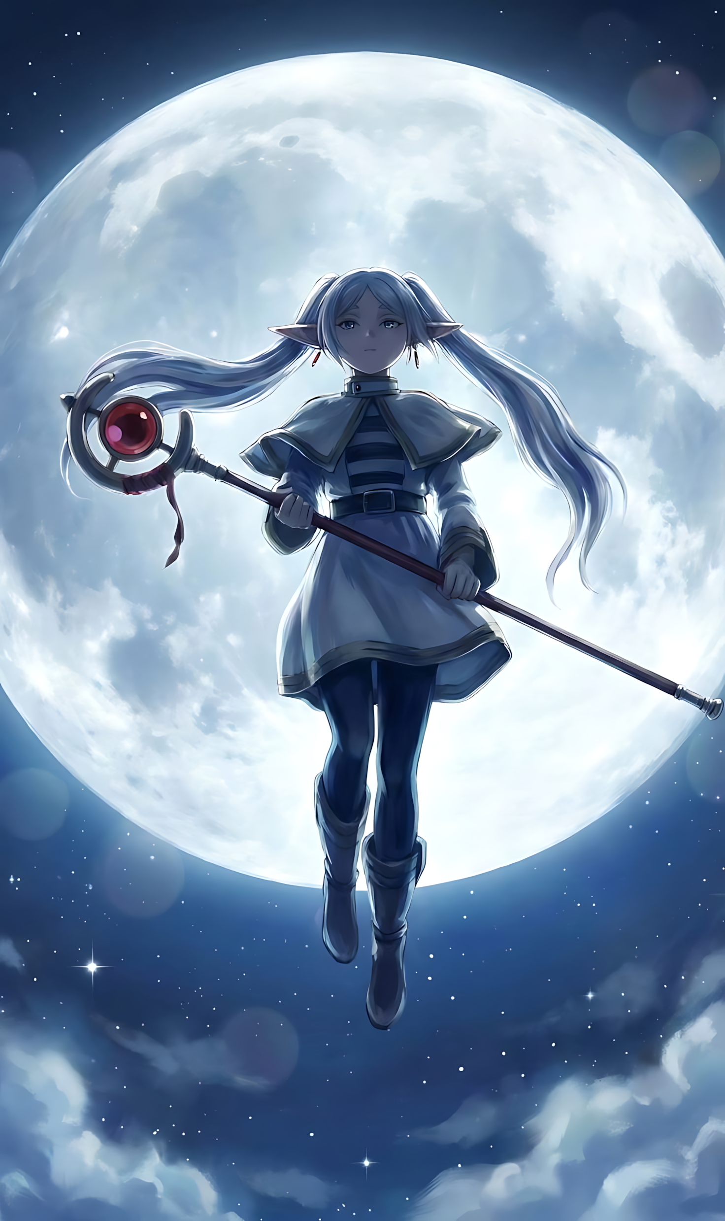 Anime-style poster of a girl holding a sword, dark blue outfit, long hair