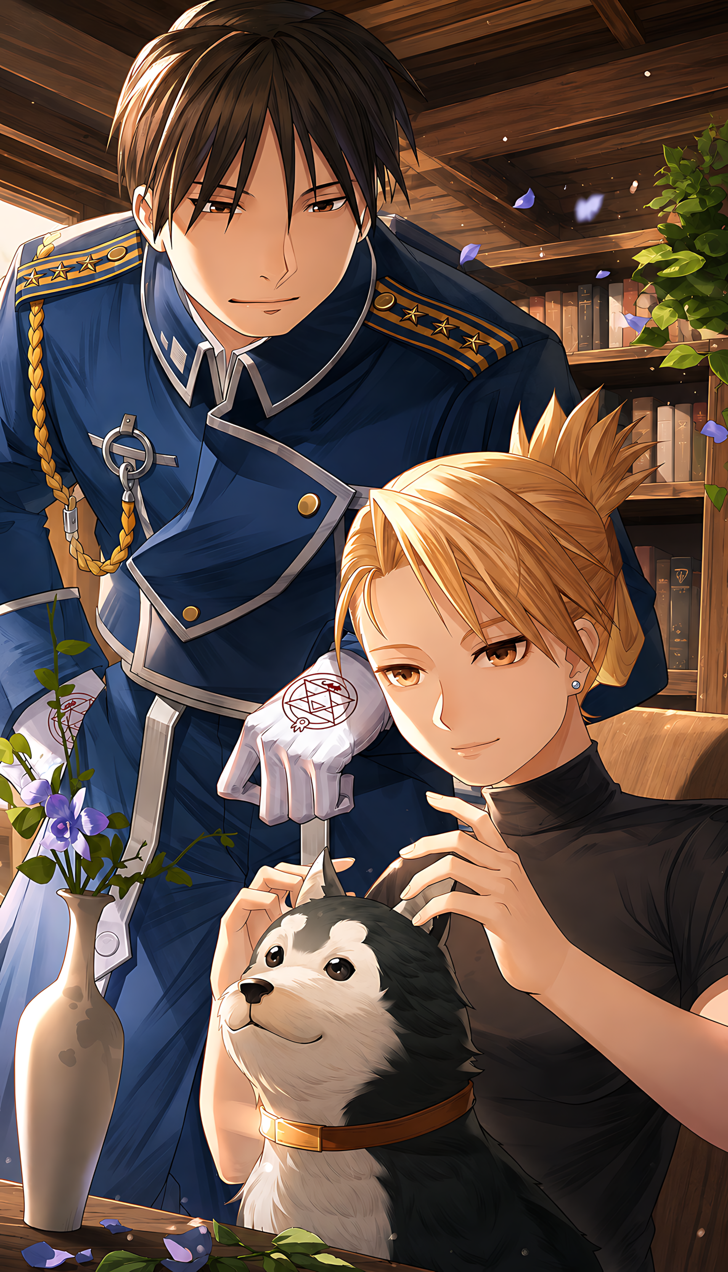 Wholesome anime poster with two uniformed characters and a small black-and-white dog