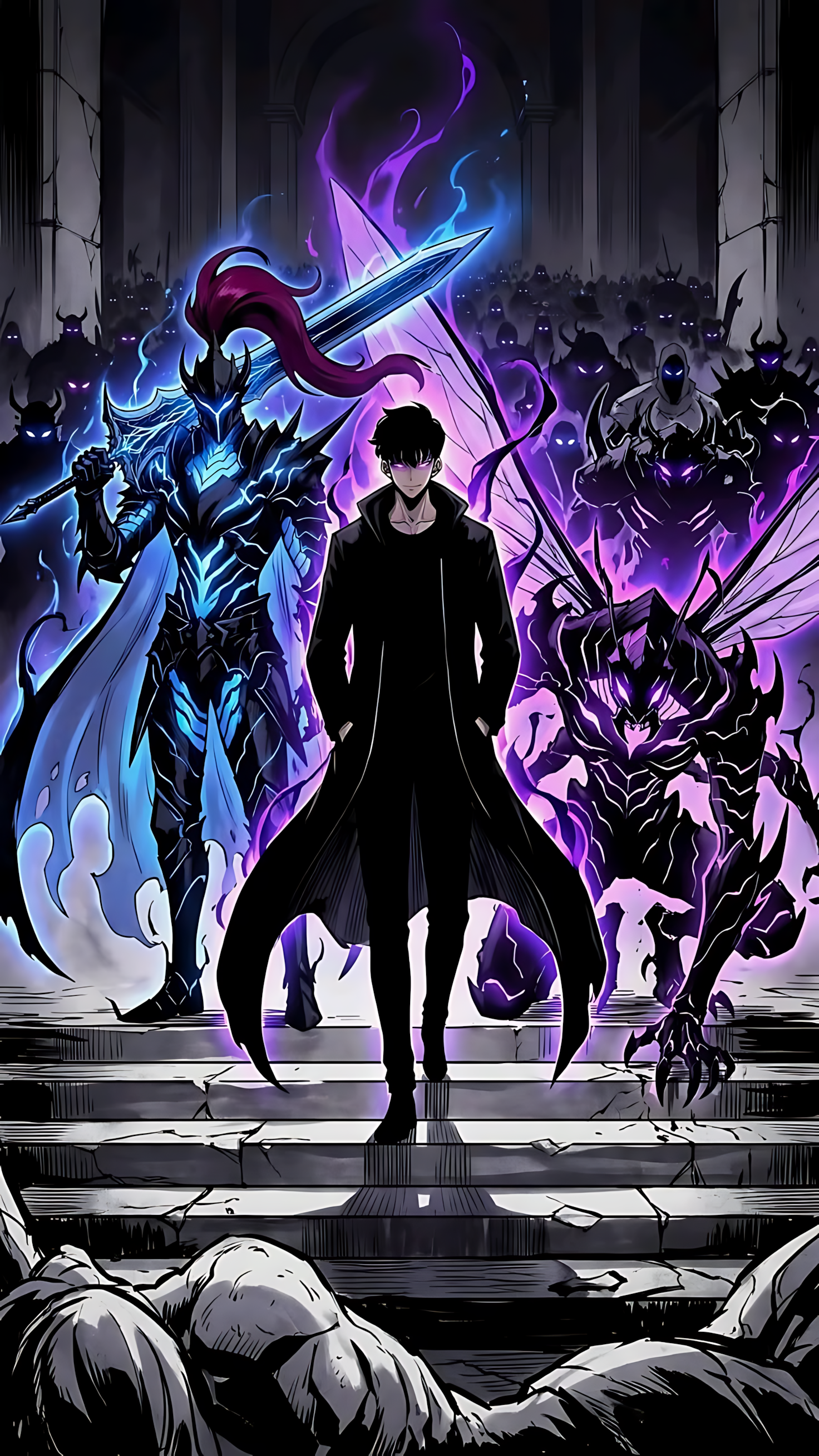 Shadow Army poster with anime hero in black cloak and purple-blue energy monsters (PIXBY)