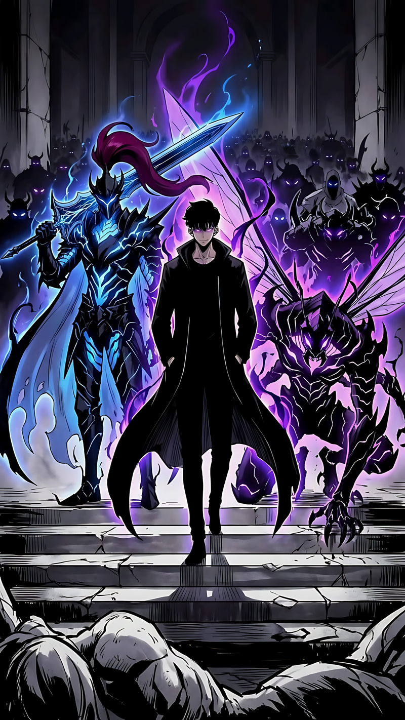 Shadow Army poster with anime hero in black cloak and purple-blue energy monsters (PIXBY)