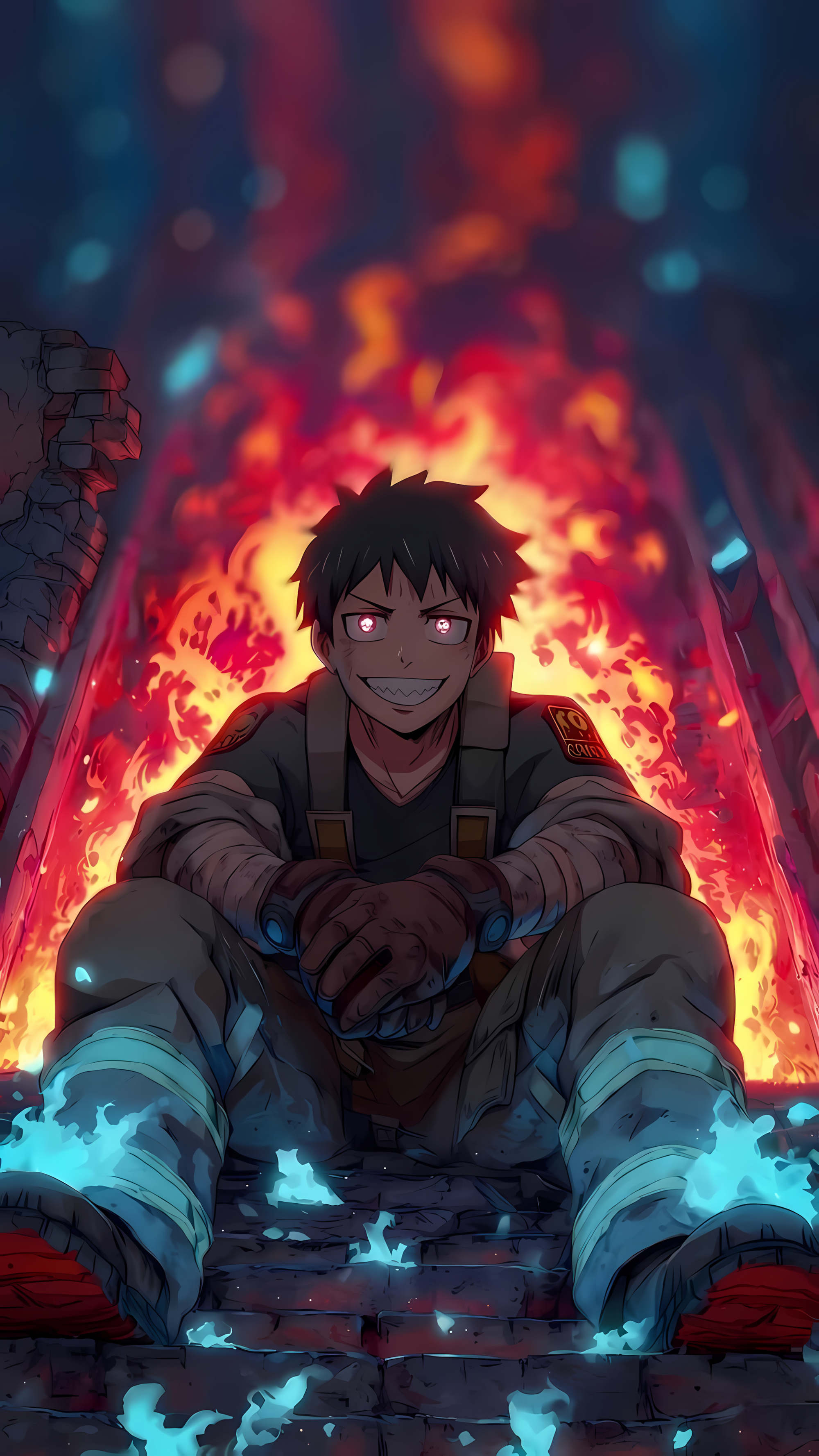 Anime poster of black-haired teen kneeling with blue flames behind