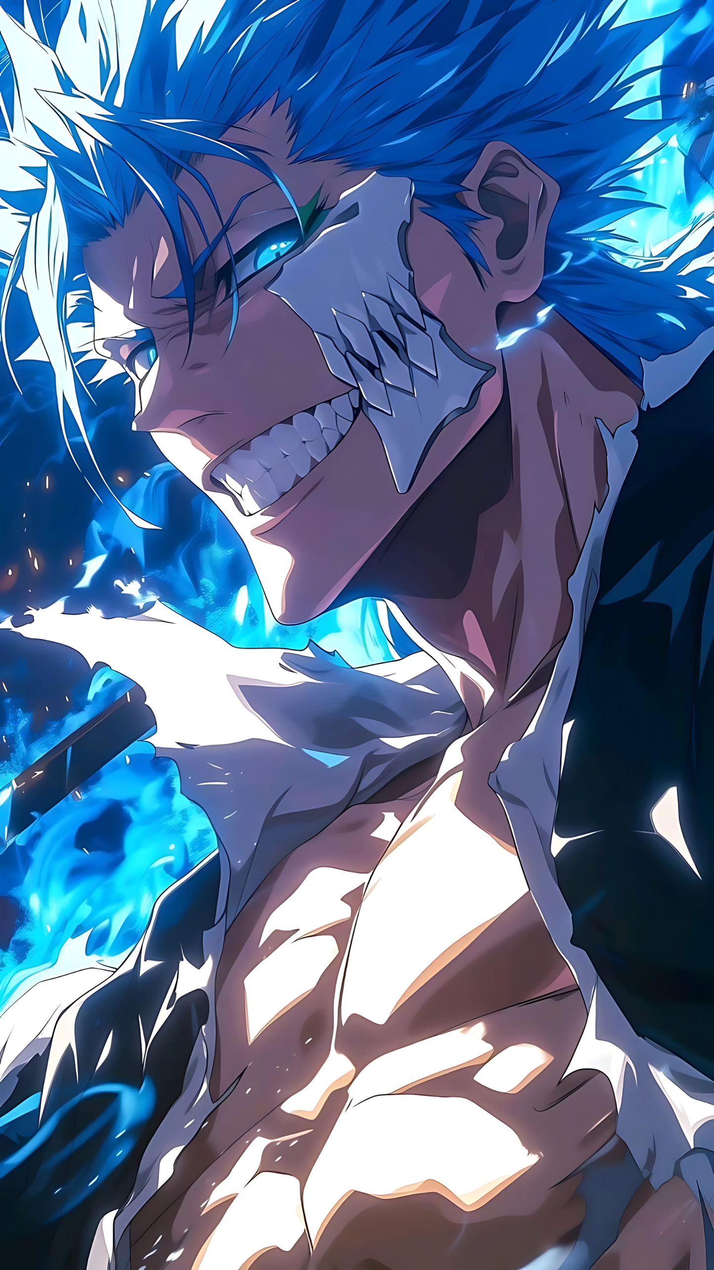 Anime character poster with blue spiky hair and fierce grin, glossy print