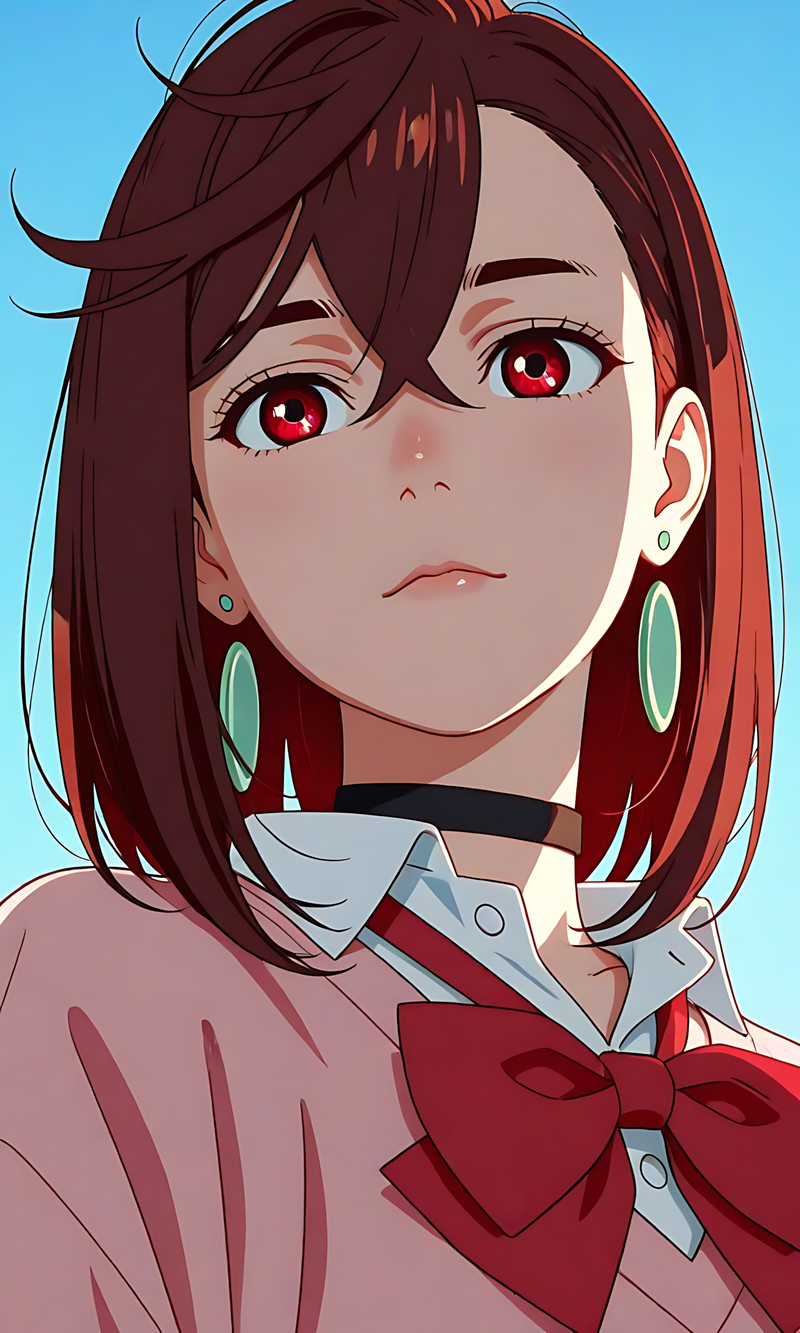 Anime close-up portrait poster of Momo Ayase, dark maroon hair, red eyes, red bow.