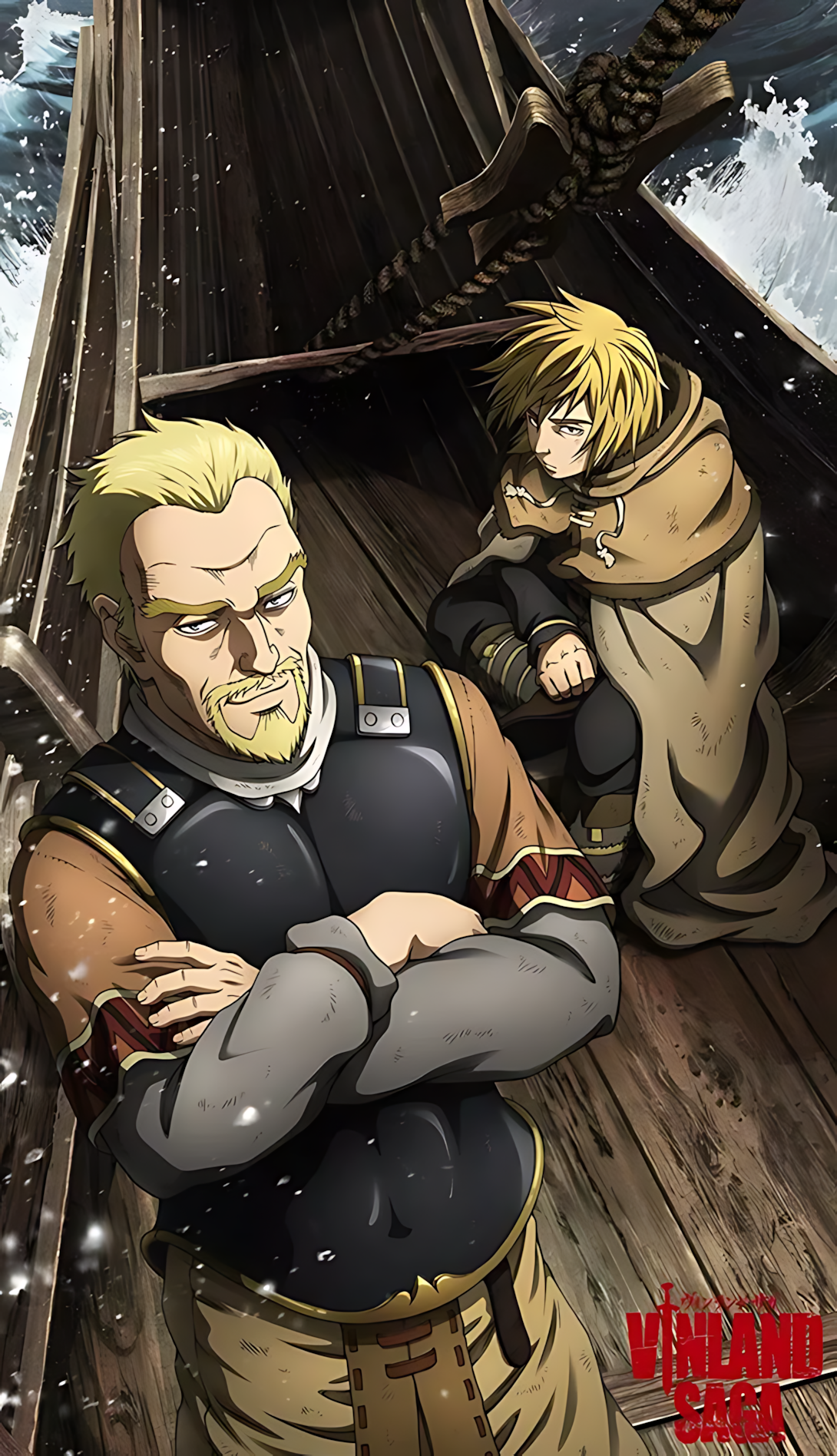 Anime voyage poster with two armored characters and sword, red title text at bottom