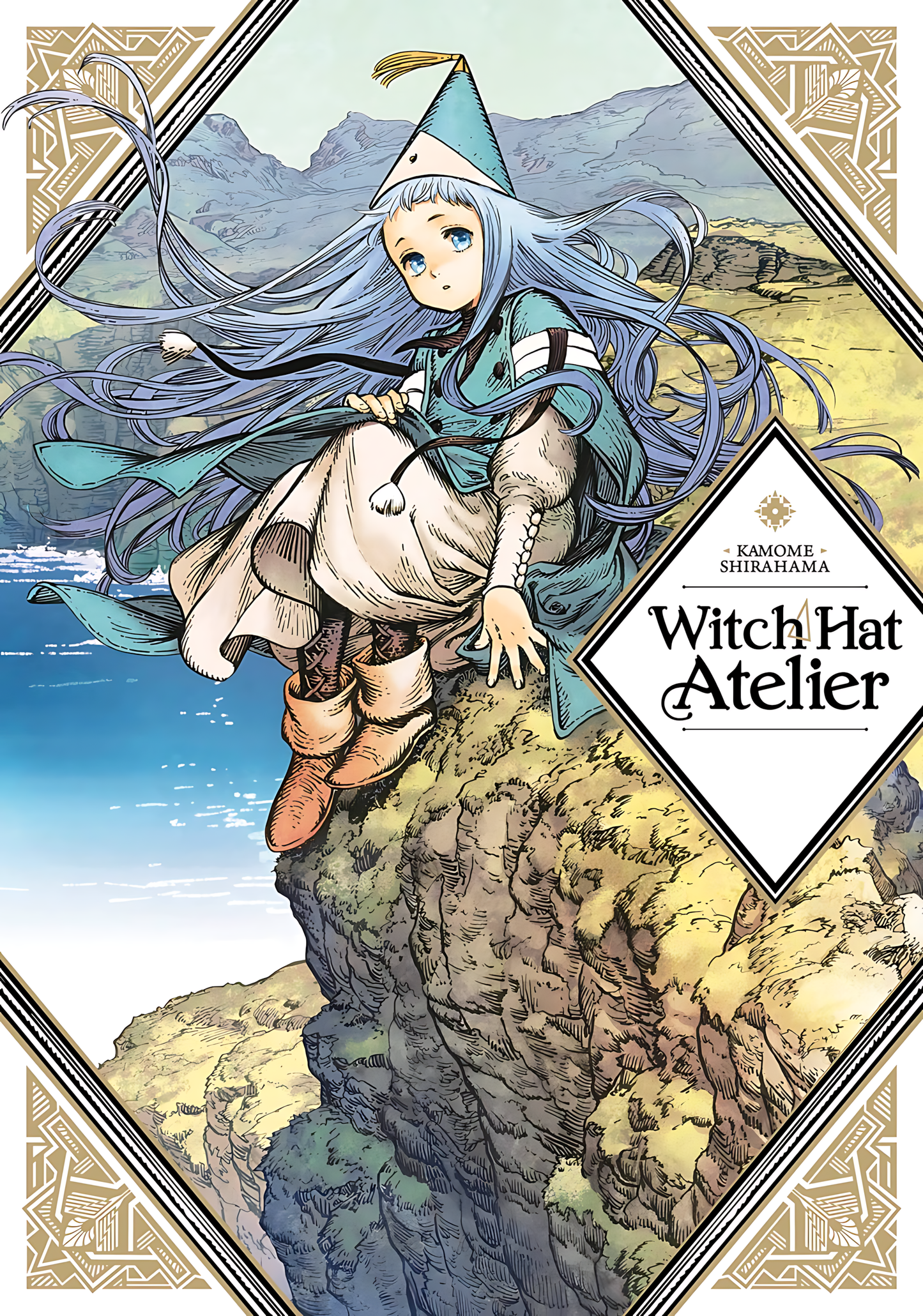 Witch Hat Atelier manga art poster, blue-haired witch holding cat on cliff