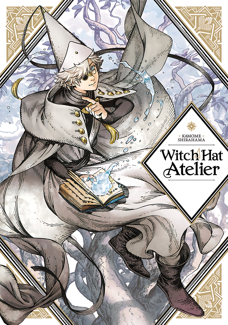 Fantasy manga art poster featuring blonde witch mage holding an open book, large hat and robes.