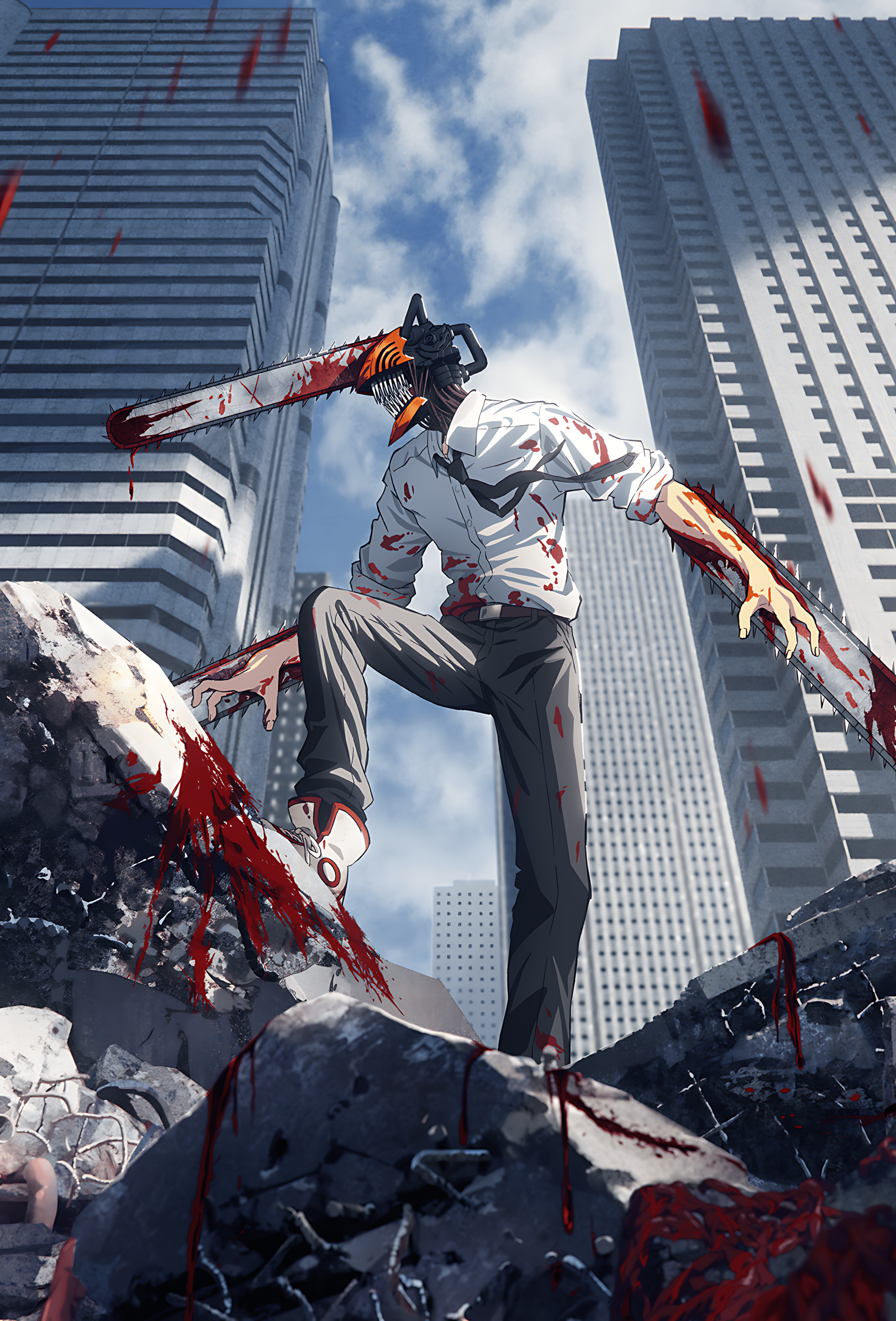 Anime wall poster of a masked chainsaw-wielding character with flames and red debris