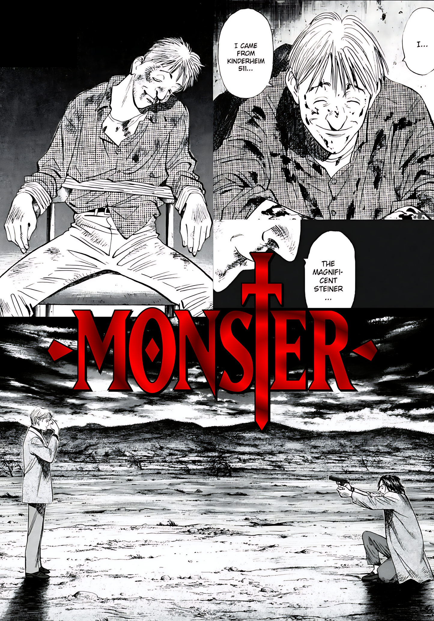 Monster anime poster with large red “MONSTER” title and black-and-white figures