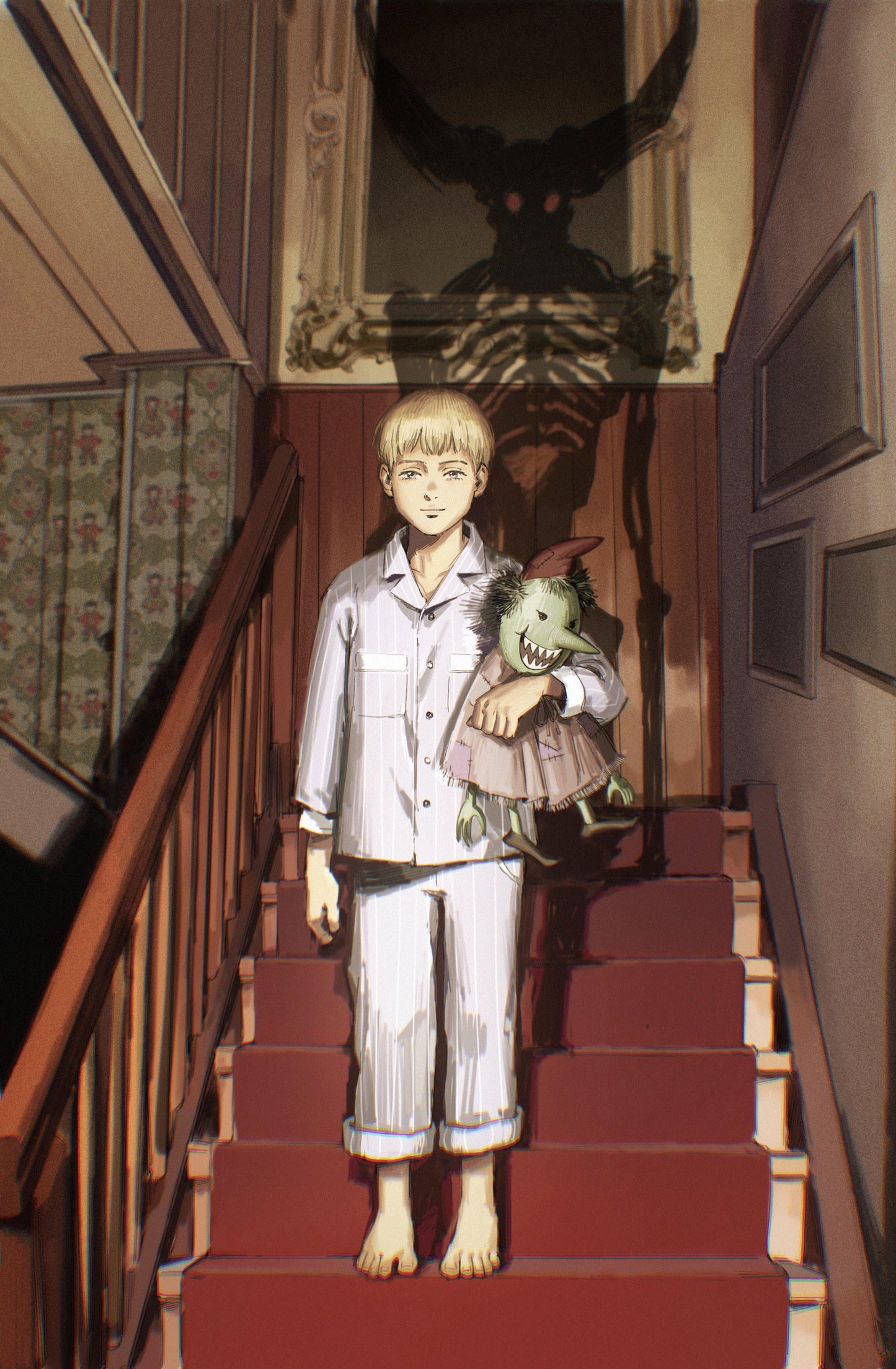 Young boy in white outfit holding a small green monster statue; poster art