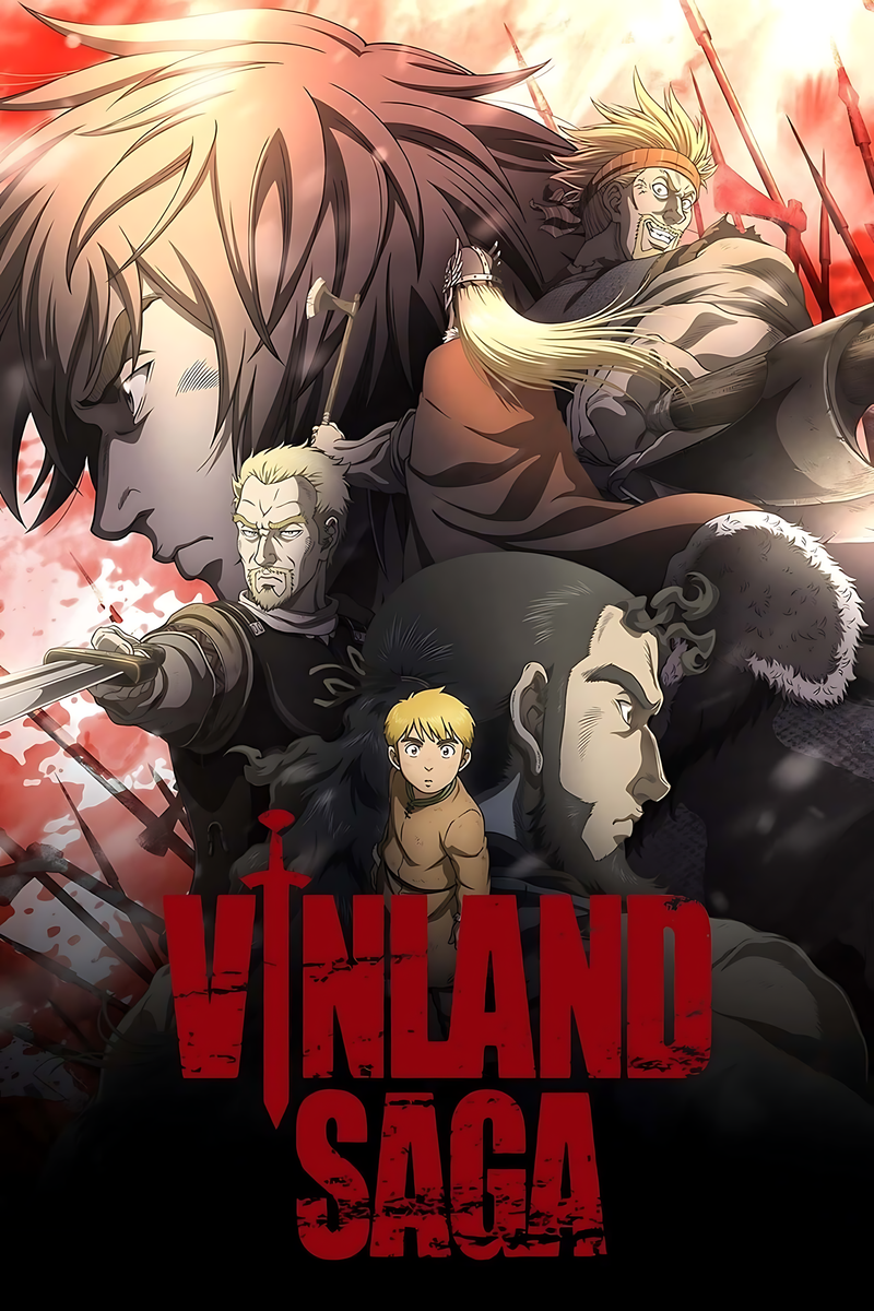 Anime Vinland Saga warrior poster with multiple fighters and red title text