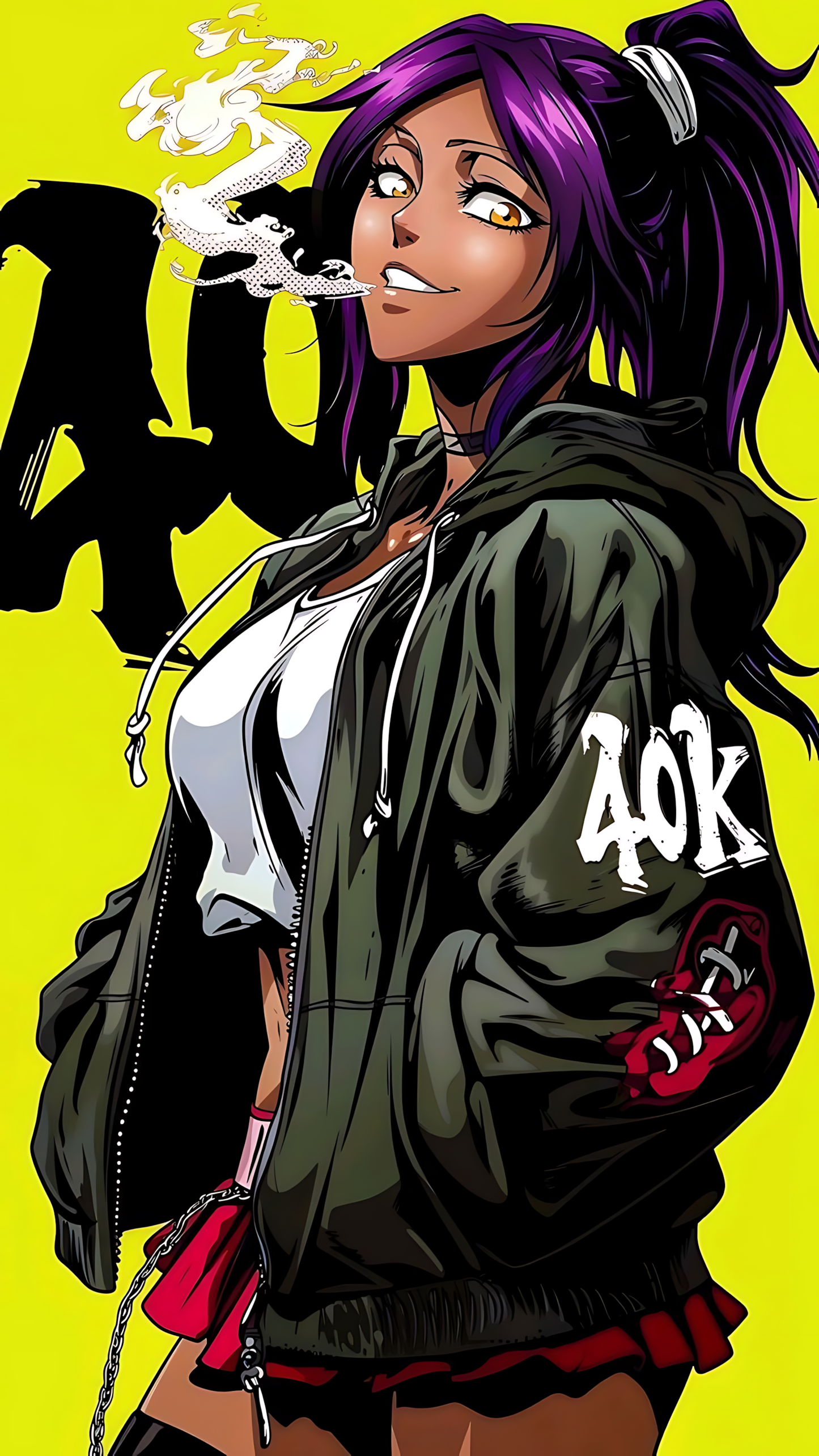 Anime wall poster with purple-haired character in dark jacket with red accents